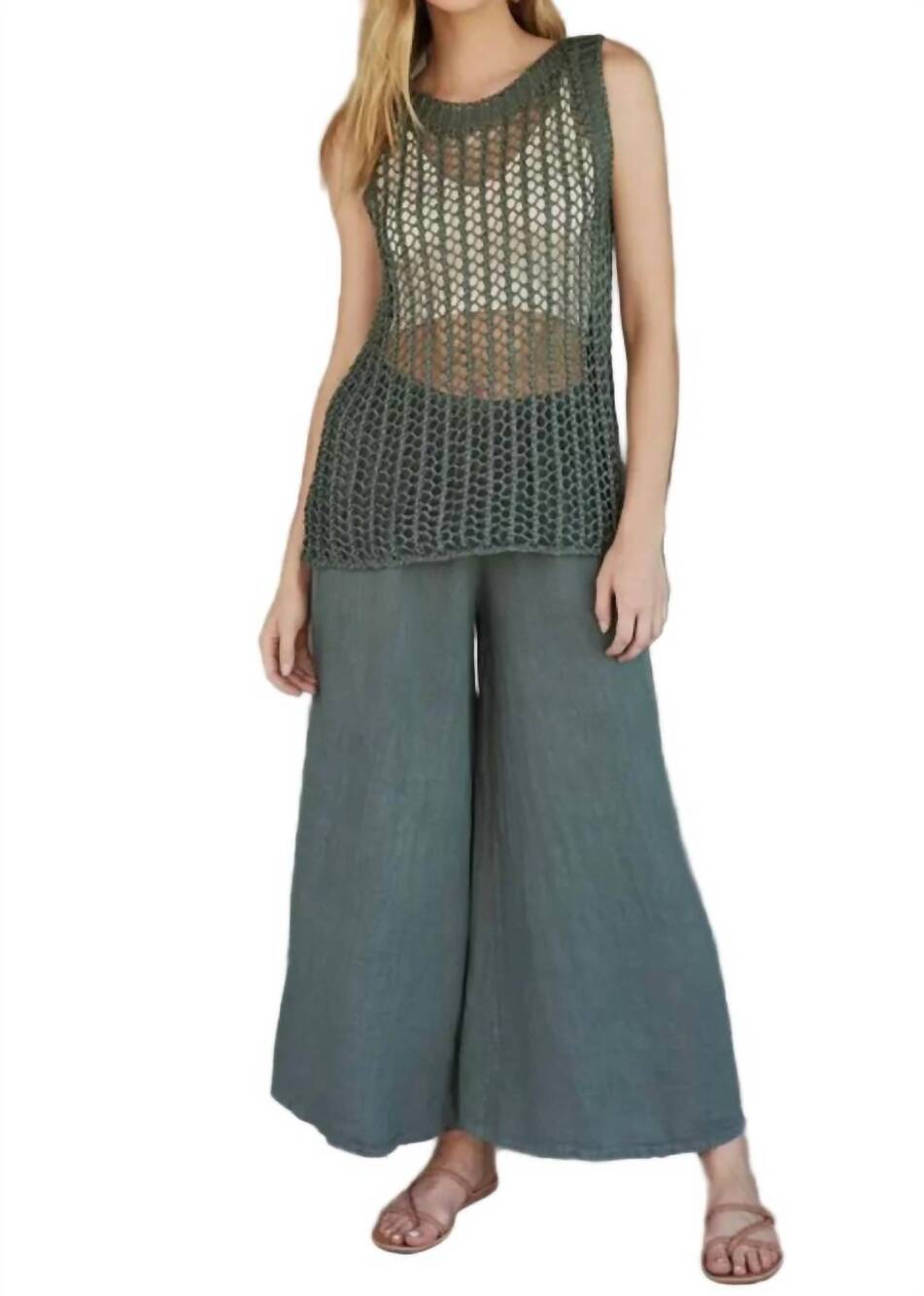 NEW MILIO MILANO linen waist palazzo pant in army green